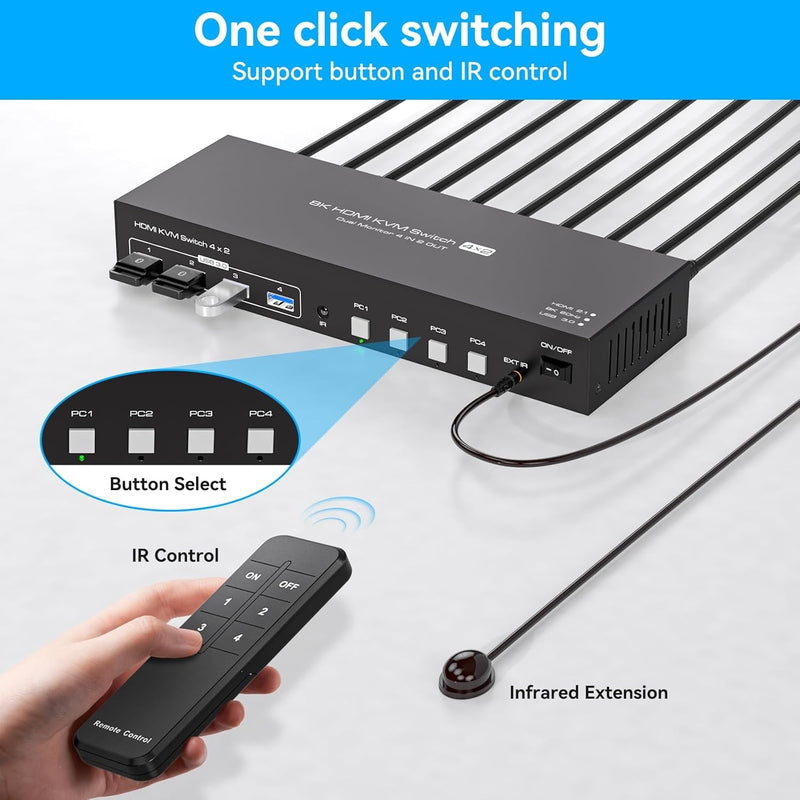 NÖRDIC KVM 4x2 HDMI 2.1 Switch 4PC til Dobbelt Skærm HDMI 8K60Hz med 1x3.5mm og 4xUSB-A