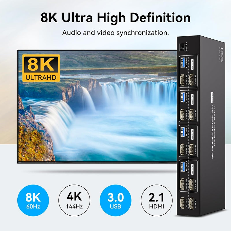 NÖRDIC KVM 4x2 HDMI 2.1 Switch 4PC til Dobbelt Skærm HDMI 8K60Hz med 1x3.5mm og 4xUSB-A