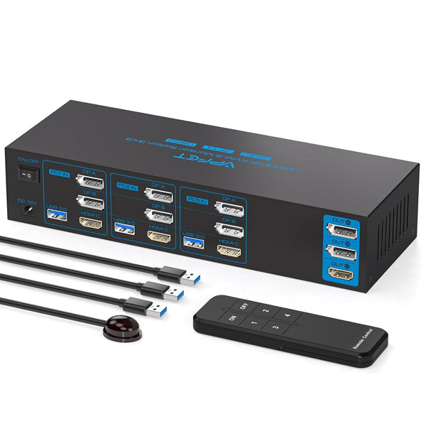 NÖRDIC KVM Switch 3 til 3, 4xUSB3.0 2xDP 1xHDMI 8K30Hz med trådløs kontrol