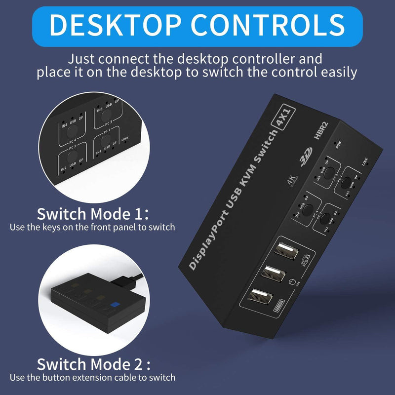 NÖRDIC KVM Switch 4 PC til 1 DisplayPort 1.2 4K 60Hz og 4x USB HDCP 2.2