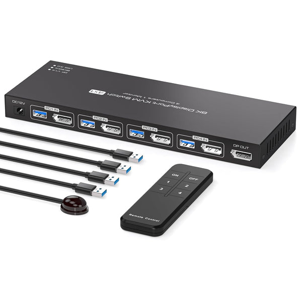 NÖRDIC KVM Switch 4 til 1 DP 8K60Hz 4K144Hz 4xUSB 3.0