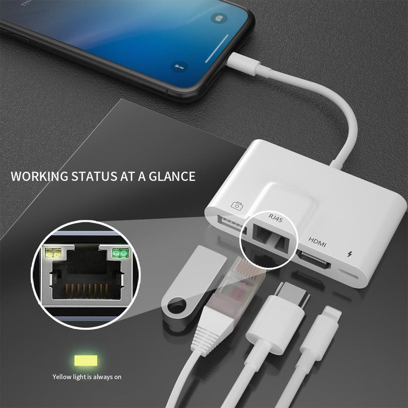 NÖRDIC Lightning adapter 1 til 4 porte 1xHDMI 1x RJ4510 / 100Mbps 1xUSB A 3.1 og 1 x Lightning opladningsport
