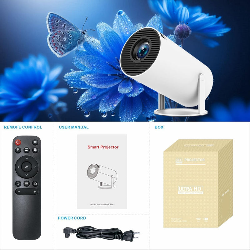 NÖRDIC Mini Portable Projector – 720p HD-understøttelse, Android 11, WiFi 6, BT 5.0, 180° rotation, hjemmebiografprojektor