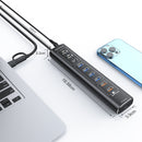 NÖRDIC Powered 10-ports USB-C & A Hub, 3x10G USB-A og USB-C USB3.2 GEN2, 4x5G USB-A USB3.2 GEN1, 1xUSB-C 20W PD, 2xUSB-A opladning med individuel switch