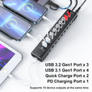 NÖRDIC Powered 10-ports USB-C & A Hub, 3x10G USB-A og USB-C USB3.2 GEN2, 4x5G USB-A USB3.2 GEN1, 1xUSB-C 20W PD, 2xUSB-A opladning med individuel switch