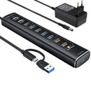 NÖRDIC Powered 10-ports USB-C & A Hub, 3x10G USB-A og USB-C USB3.2 GEN2, 4x5G USB-A USB3.2 GEN1, 1xUSB-C 20W PD, 2xUSB-A opladning med individuel switch