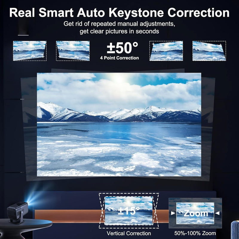 NÖRDIC Smart Projektor Android 13.0, Native 1080P, Auto Keystone, 300ANSI 4K HDR Support, Roterbar Design WiFi 6 & BT, Skærm spejling, ARC