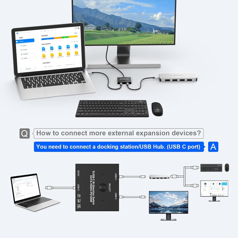 NÖRDIC USB-C 2 til 1 switch & 1 til 2 splitter, 8K/60Hz 4K/144Hz 100WPD 10Gbps Data+Video+PD