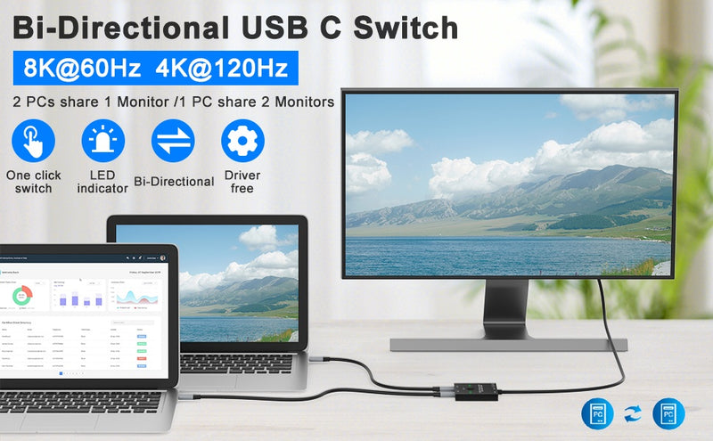NÖRDIC USB-C 2 til 1 switch & 1 til 2 splitter, 8K/60Hz 4K/144Hz 100WPD 10Gbps Data+Video+PD
