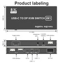 NÖRDIC USB-C KVM-switch 2 til 1 DP 8K60Hz 4K144Hz 3xUSB 1x3.5mm