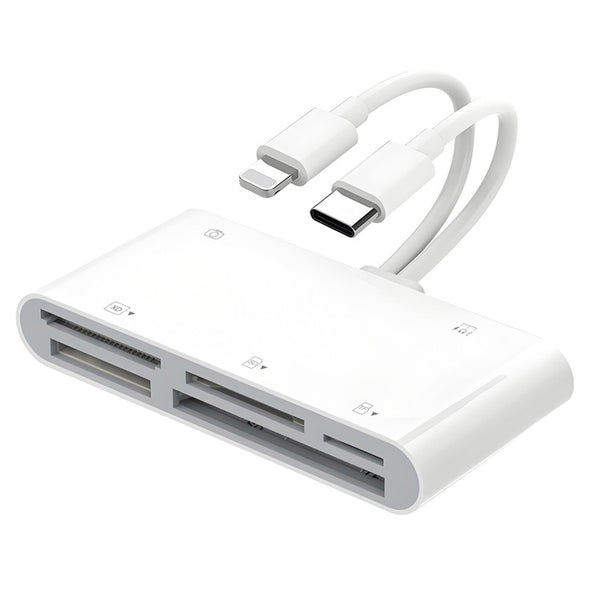NÖRDIC USB-C/Lightning Kortlæser 5 Slots CF, SD, MicroSD, MS, XD 1xUSB-A 1xUSB-C UHS-I