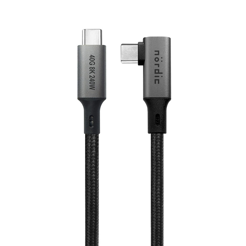 NÖRDIC vinklet 2m USB4 USB-C til C nylonflettet kabel PD3.1 240W 40G 8K60Hz 4K144Hz grå