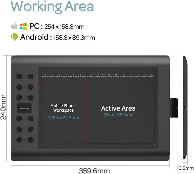 Professionel grafisk tegneblok med 12+16 programmeringsknapper. Kompatibel med Windows Mac Android og er batterifri