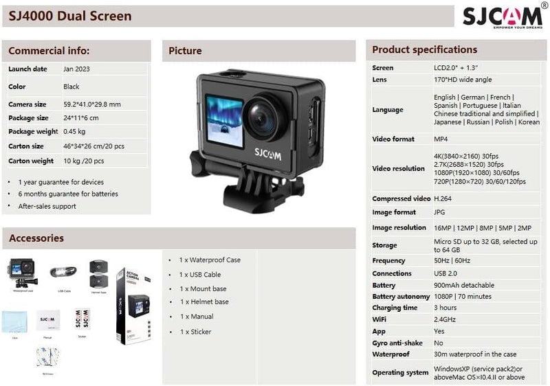 SJCAM SJ4000Dual Screen 4K 30fps Action kamera, Wifi, Dual screen, Vandtæt skal. transportabel