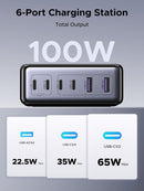 UGREEN 100W USB-C Opladningsstation, 6-ports GaN Skrivebordslader med 4 USB-C & 2 USB-A, Smart Strømfordeling