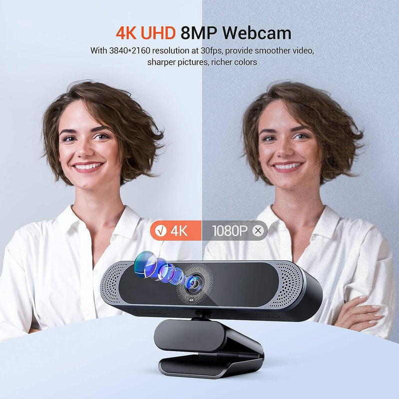 Webcam 4K30fps 8MP med autofokus, dobbelt mikrofon og stativ